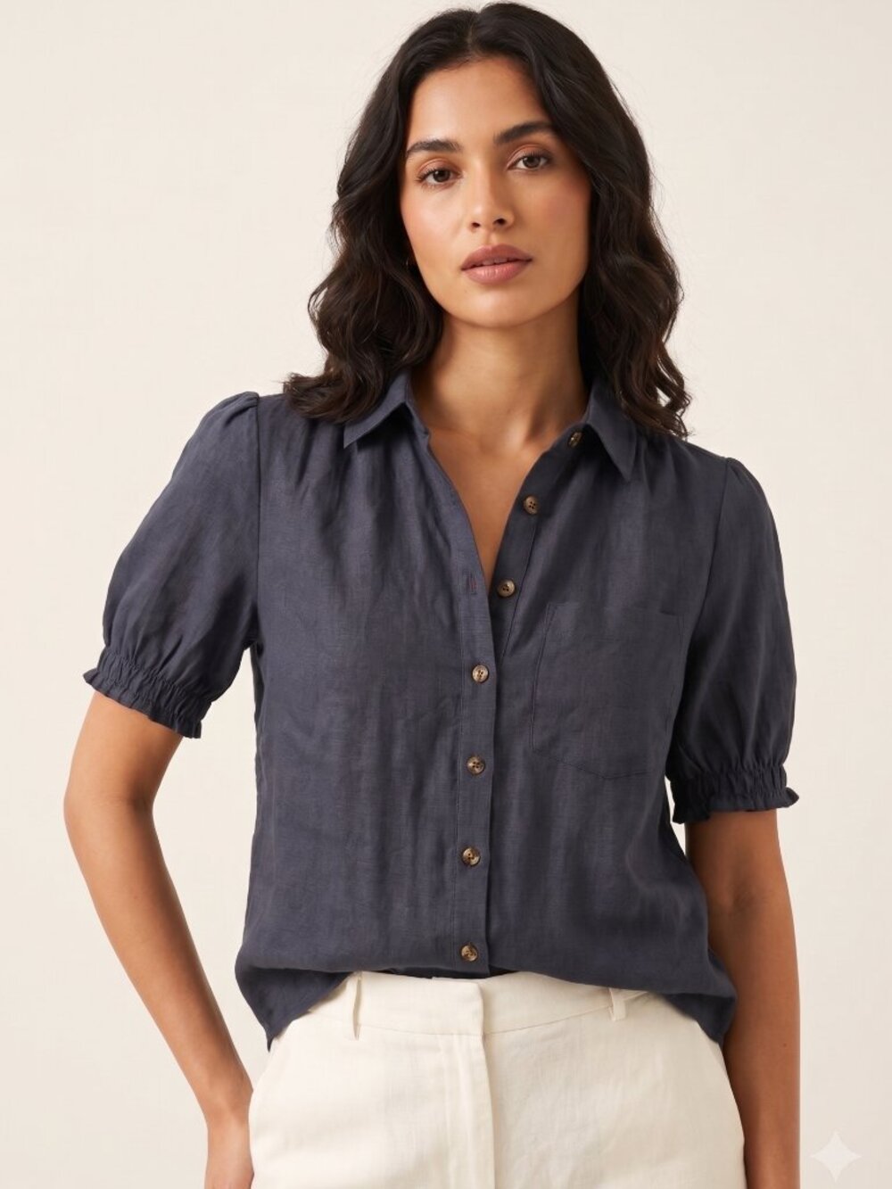 NWT | PrettyGarden Indigo Short Sleeve Button Down Blouse Smocked Cuff | Small